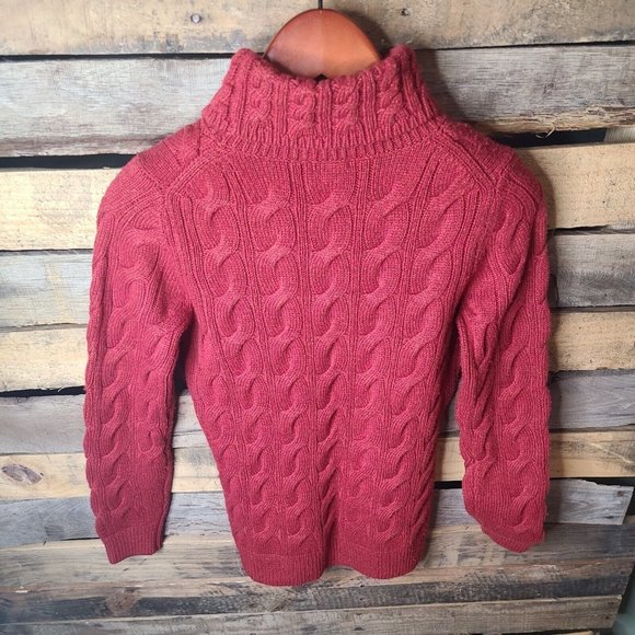 LL Bean Pullover Sweater Women Sm Burgandy Turtleneck Cable Knit Chunky 60% Wool - Picture 8 of 8